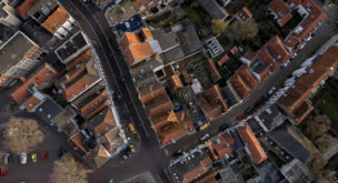 Overhead view of housing and roads